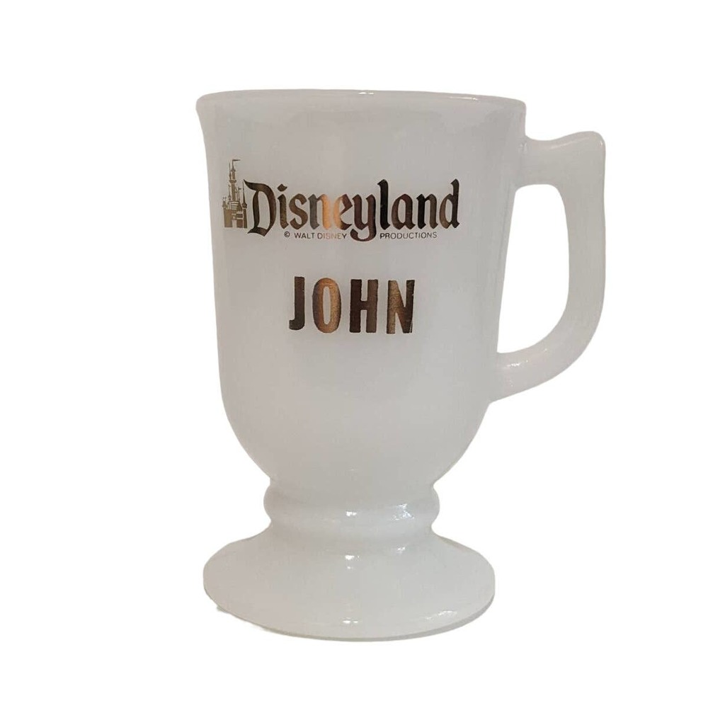 Vintage Disneyland Mug "JOHN" Gold Lettering Milk Glass Pedestal Mug Mid Century